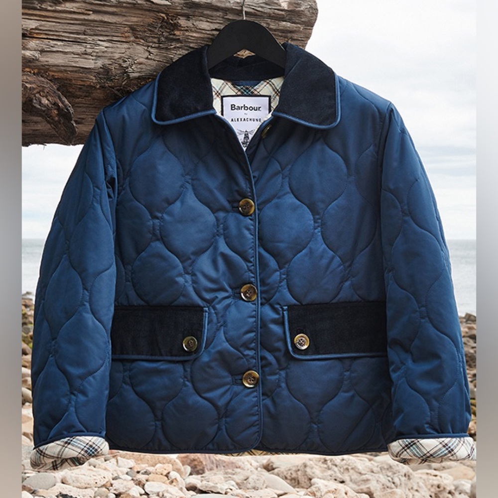 Barbour Alexa Chung Navy Quilted Jacket Coat Plaid Lining